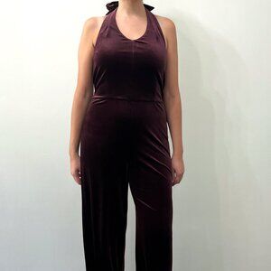 Fun Burgundy Velvet Halter Jumpsuit